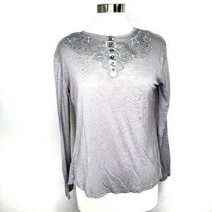 Esperanza Womens Long Sleeve Top M Lace‎ Detail Button Neck Gray Viscose Cotton
